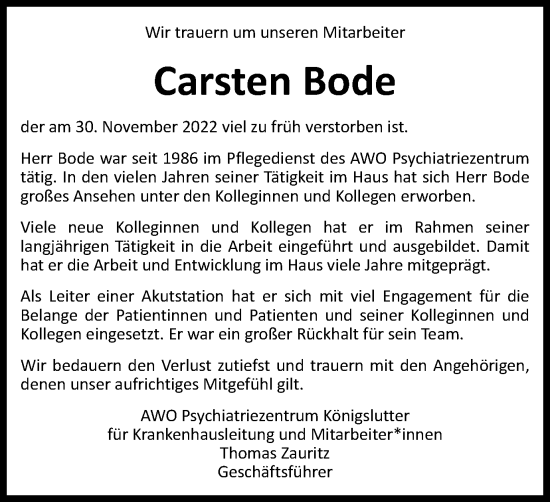 Traueranzeige von Carsten Bode von Helmstedter Nachrichten