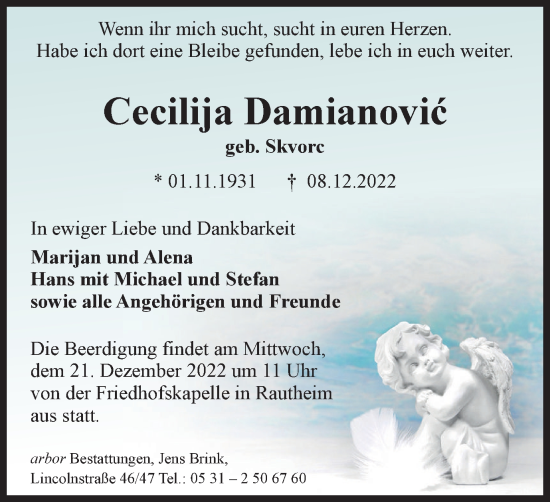 Traueranzeige von Cecilija Damianovic von Braunschweiger Zeitung