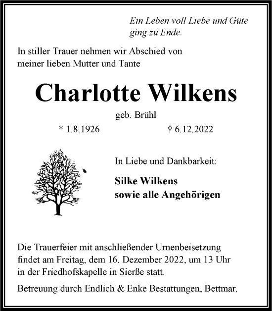 Traueranzeige von Charlotte Wilkens von Peiner Nachrichten