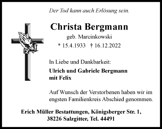 Traueranzeige von Christa Bergmann von Salzgitter-Zeitung