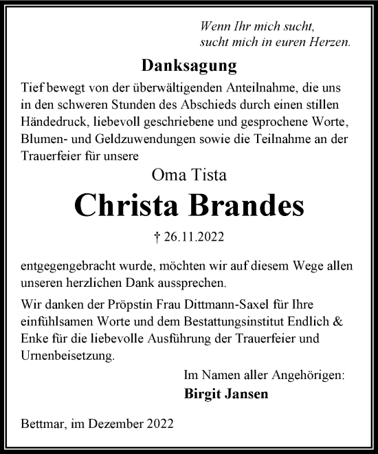 Traueranzeige von Christa Brandes von Peiner Nachrichten