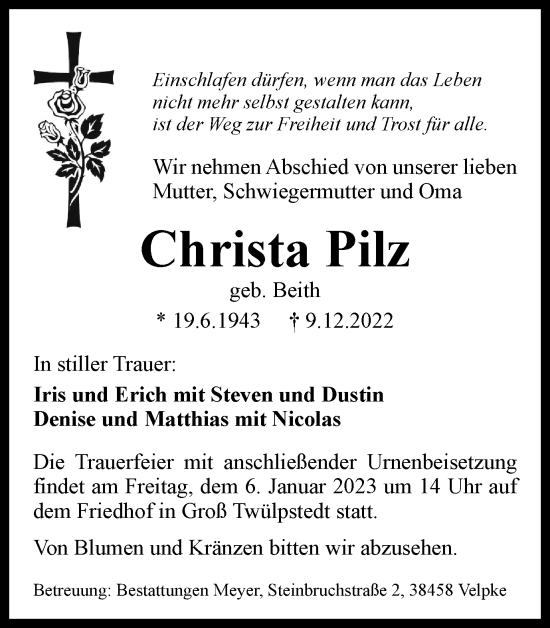 Traueranzeige von Christa Pilz von Helmstedter Nachrichten