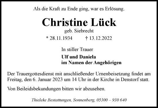 Traueranzeige von Christine Lück von Peiner Nachrichten