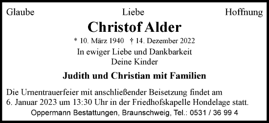 Traueranzeige von Christof Alder von Braunschweiger Zeitung