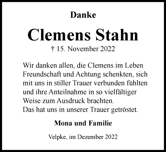 Traueranzeige von Clemens Stahn von Helmstedter Nachrichten