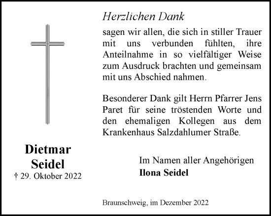 Traueranzeige von Dietmar Seidel von Braunschweiger Zeitung