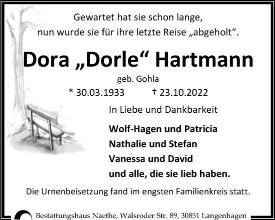 Traueranzeige von Dora Hartmann von Wolfsburger Nachrichten