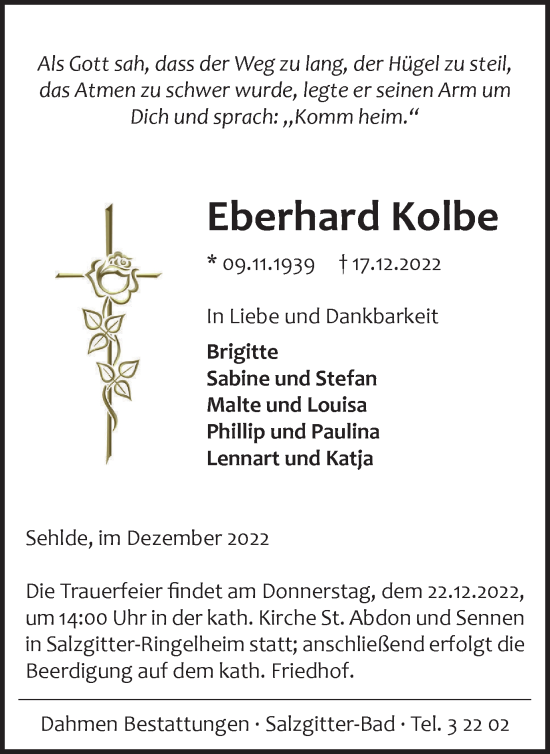 Traueranzeige von Eberhard Kolbe von Salzgitter-Zeitung