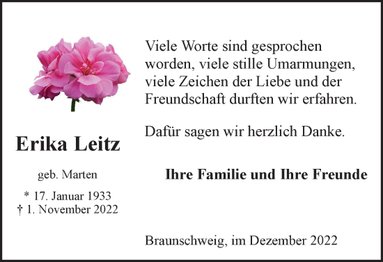 Traueranzeige von Erika Leitz von Braunschweiger Zeitung