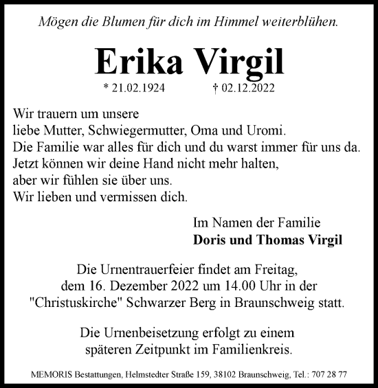 Traueranzeige von Erika Virgil von Braunschweiger Zeitung