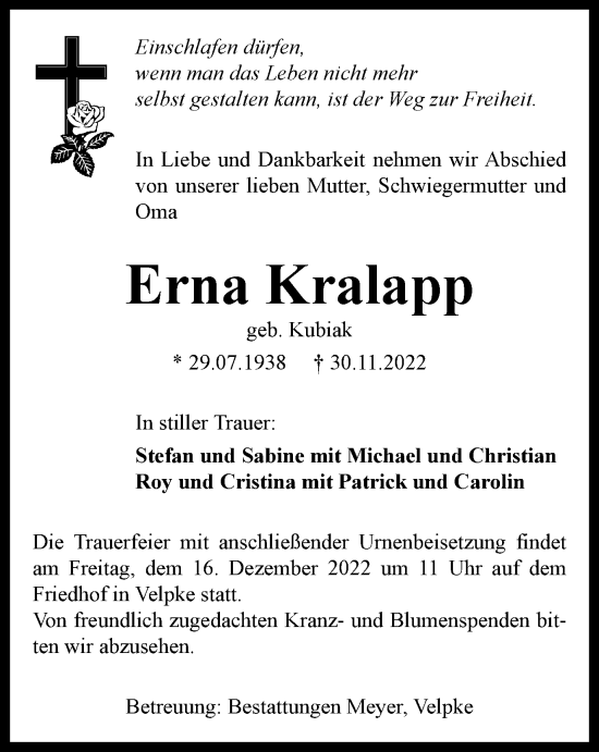 Traueranzeige von Erna Kralapp von Wolfsburger Nachrichten