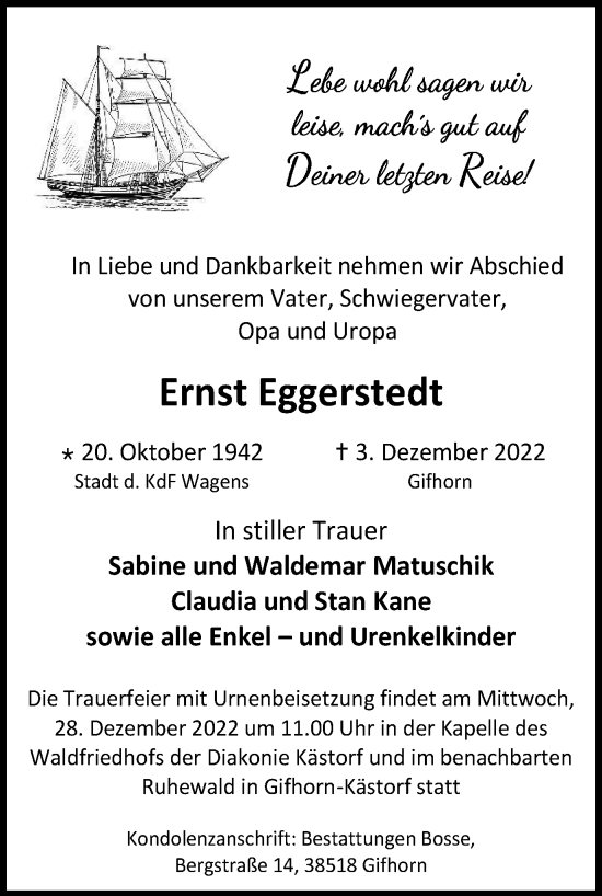 Traueranzeige von Ernst Eggerstedt von Wolfsburger Nachrichten