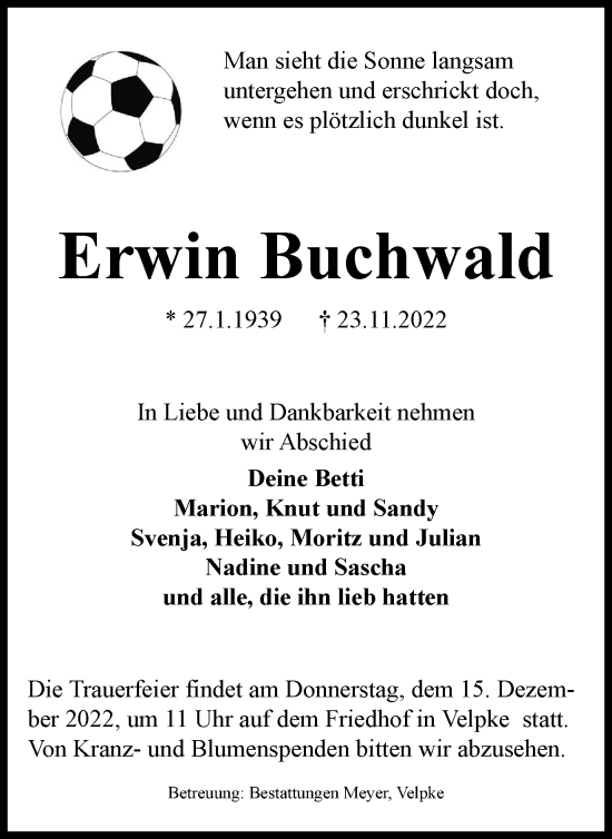 Traueranzeige von Erwin Buchwald von Helmstedter Nachrichten