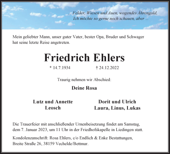 Traueranzeige von Friedrich Ehlers von Peiner Nachrichten