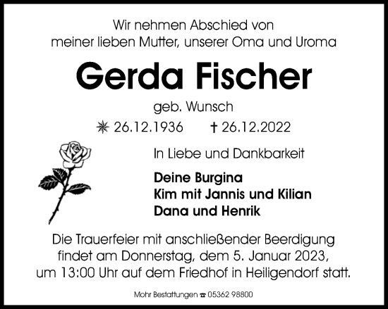 Traueranzeige von Gerda Fischer von Wolfsburger Nachrichten