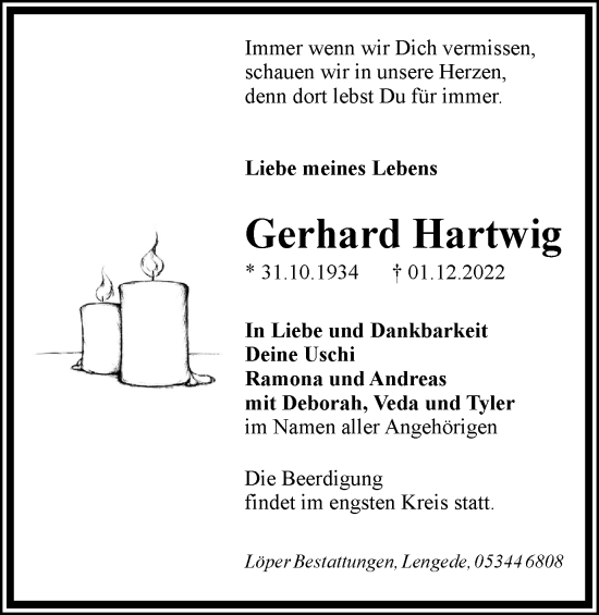 Traueranzeige von Gerhard Hartwig von Braunschweiger Zeitung