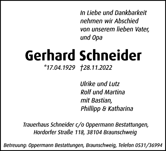 Traueranzeige von Gerhard Schneider von Braunschweiger Zeitung