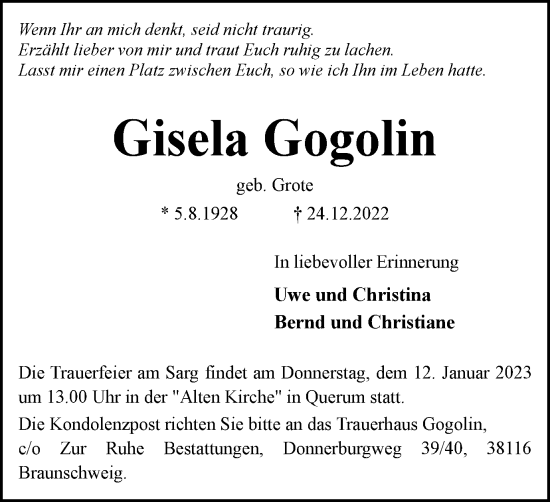 Traueranzeige von Gisela Gogolin von Braunschweiger Zeitung