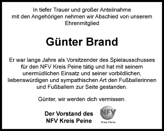 Traueranzeige von Günter Brand von Peiner Nachrichten