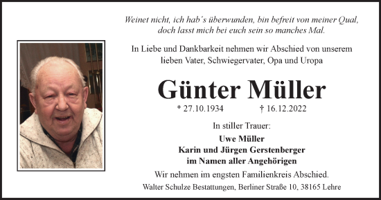 Traueranzeige von Günter Müller von Braunschweiger Zeitung