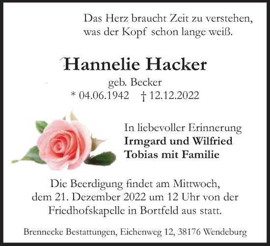 Traueranzeige von Hannelie Hacker von Peiner Nachrichten