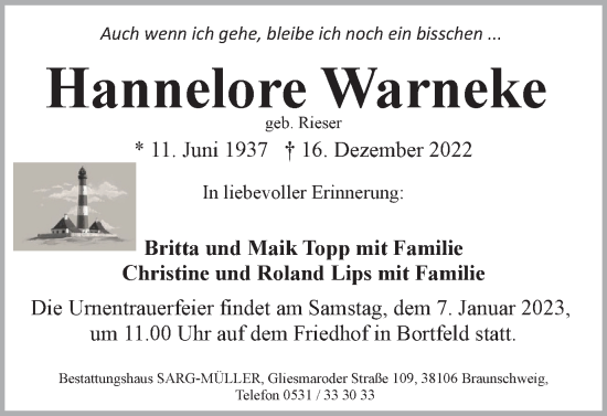 Traueranzeige von Hannelore Warneke von Braunschweiger Zeitung