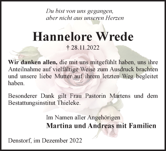 Traueranzeige von Hannelore Wrede von Braunschweiger Zeitung