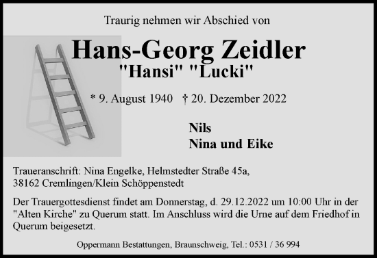 Traueranzeige von Hans-Georg Zeidler von Braunschweiger Zeitung