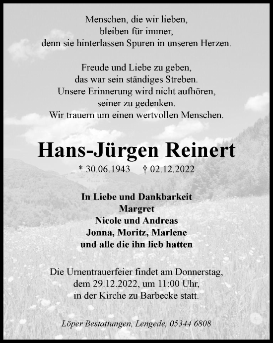 Traueranzeige von Hans-Jürgen Reinert von Peiner Nachrichten