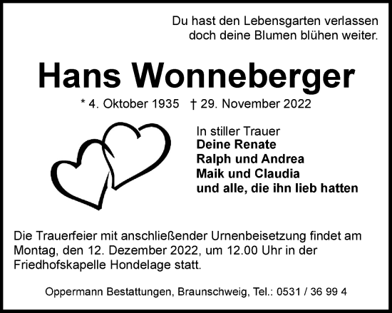 Traueranzeige von Hans Wonneberger von Braunschweiger Zeitung