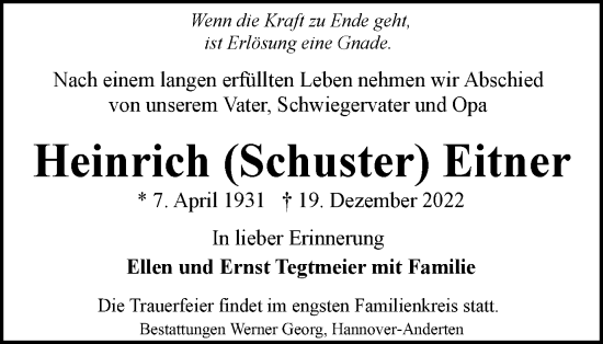 Traueranzeige von Heinrich Eitner von Wolfenbütteler Zeitung