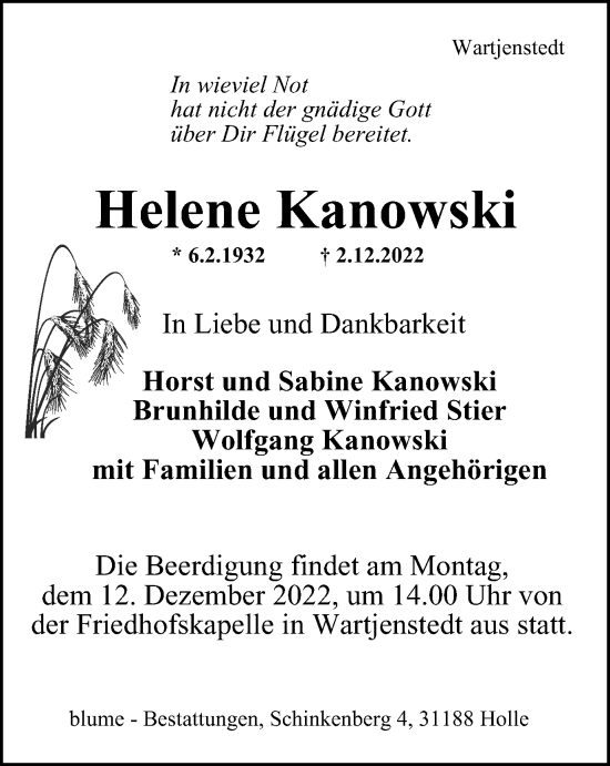 Traueranzeige von Helene Kanowski von Salzgitter-Zeitung