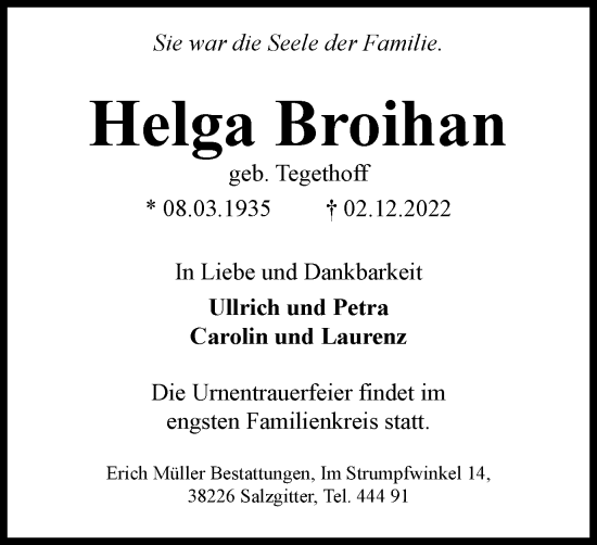 Traueranzeige von Helga Broihan von Salzgitter-Zeitung