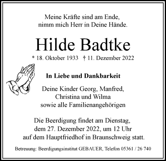 Traueranzeige von Hilde Badtke von Wolfsburger Nachrichten