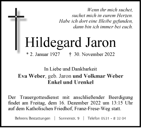 Traueranzeige von Hildegard Jaron von Braunschweiger Zeitung