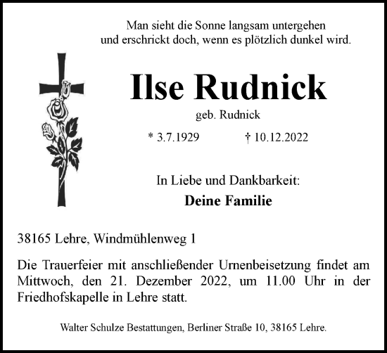 Traueranzeige von Ilse Rudnick von Helmstedter Nachrichten