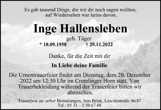 Traueranzeige von Inge Hallensleben von Braunschweiger Zeitung