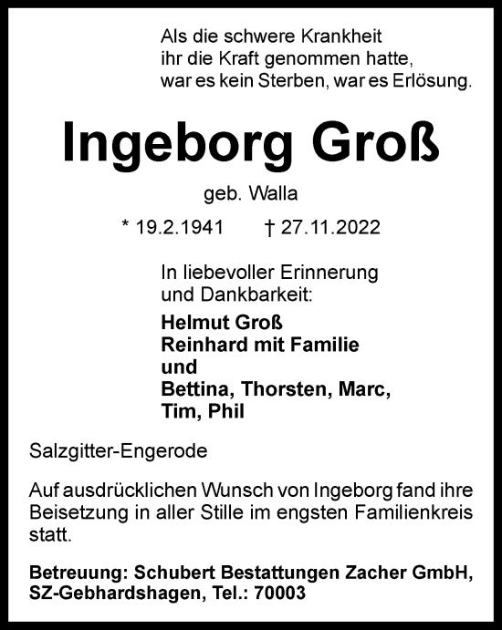 Traueranzeige von Ingeborg Groß von Salzgitter-Zeitung