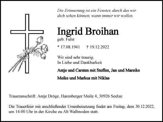 Traueranzeige von Ingrid Broihan von Salzgitter-Zeitung