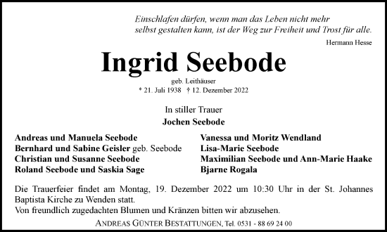 Traueranzeige von Ingrid Seebode von Braunschweiger Zeitung