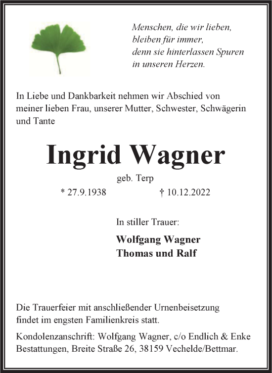 Traueranzeige von Ingrid Wagner von Peiner Nachrichten