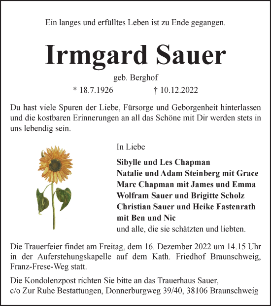 Traueranzeige von Irmgard Sauer von Braunschweiger Zeitung