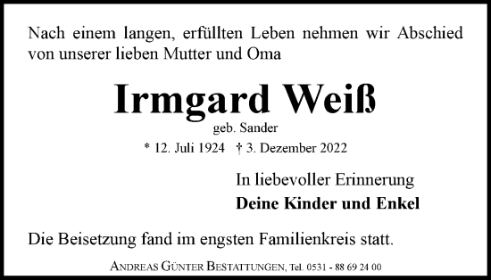 Traueranzeige von Irmgard Weiß von Braunschweiger Zeitung