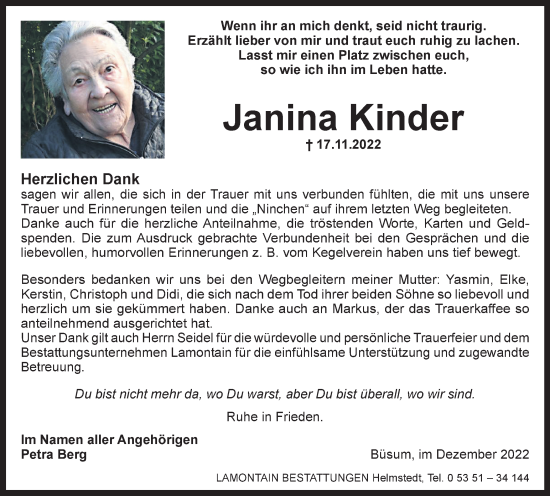 Traueranzeige von Janina Kinder von Helmstedter Nachrichten