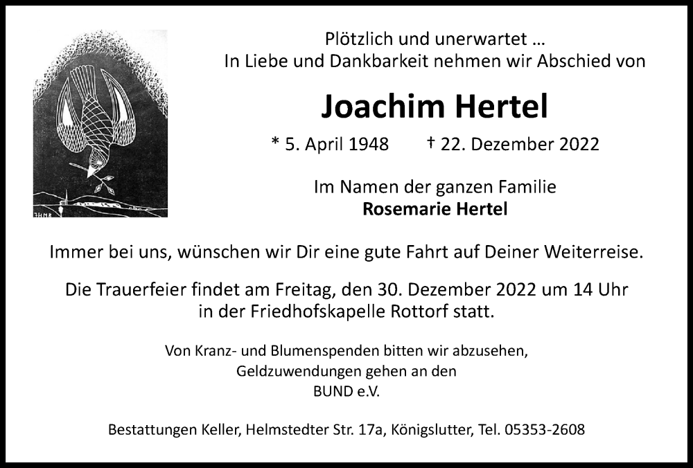  Traueranzeige für Joachim Hertel vom 29.12.2022 aus Helmstedter Nachrichten