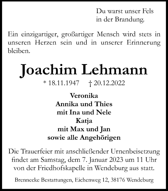 Traueranzeige von Joachim Lehmann von Peiner Nachrichten