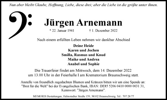 Traueranzeige von Jürgen Arnemann von Braunschweiger Zeitung