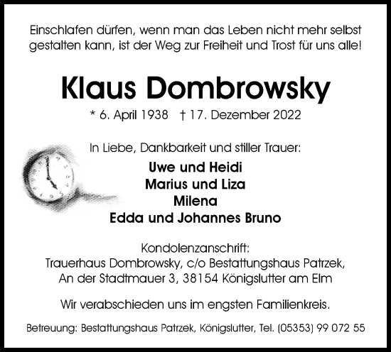 Traueranzeige von Klaus Dombrowsky von Helmstedter Nachrichten