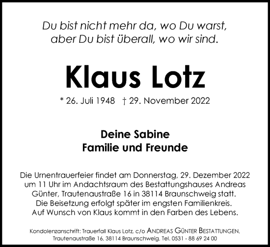 Traueranzeige von Klaus Lotz von Braunschweiger Zeitung