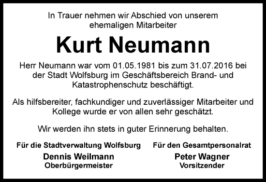 Traueranzeige von Kurt Neumann von Wolfsburger Nachrichten